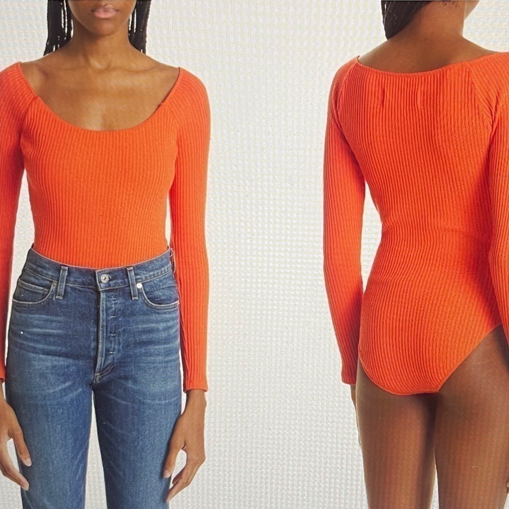 MARA HOFFMAN Martha Bodysuit Ribbed Long Sleeve Scoop Neck Organic Orange Size L